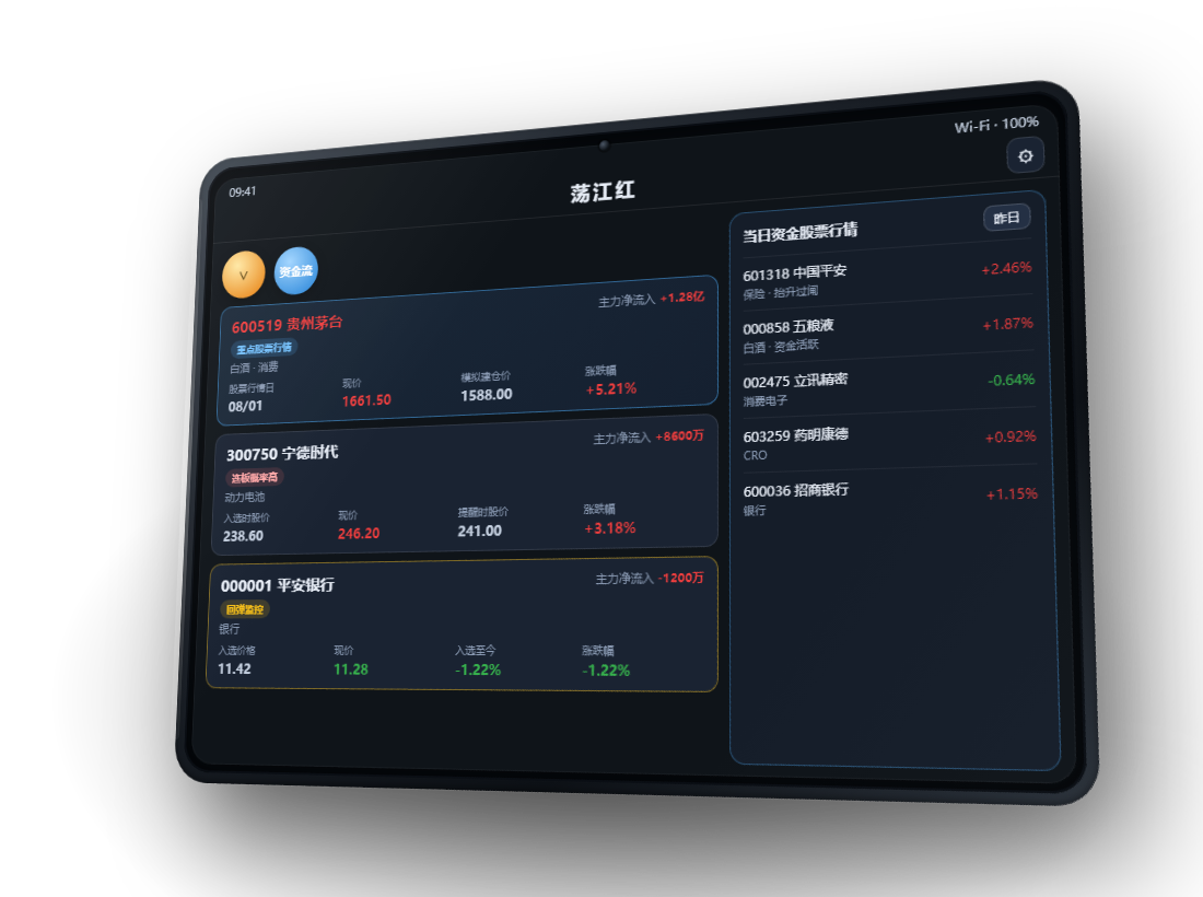 荡江红 App 横屏平板电脑界面示意